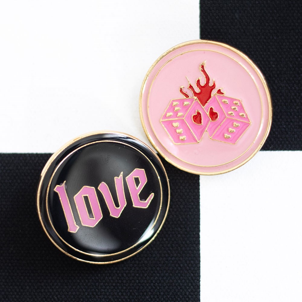 Flaming Dice and Love Pin Badge Set Flaming Dice and Love Pin Badge Set