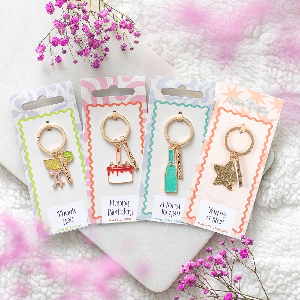 Set of 24 Celebration Keyrings on Display Set of 24 Celebration Keyrings on Display