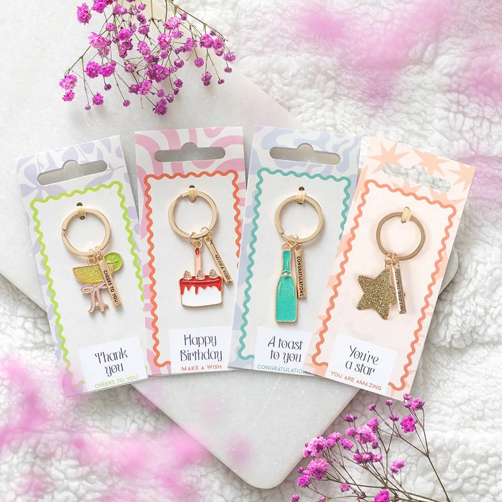Set of 24 Celebration Keyrings on Display Set of 24 Celebration Keyrings on Display