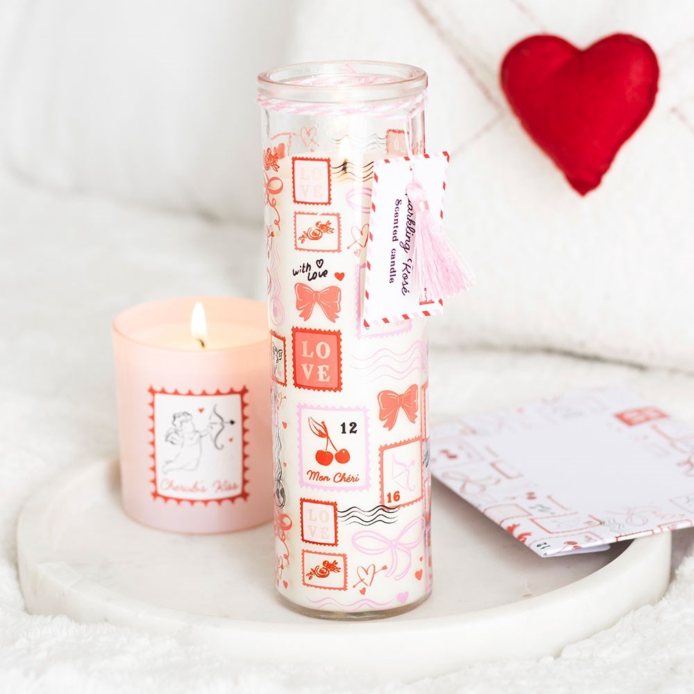 Valentine Postage Stamp Print Sparkling Rose Tube Candle Valentine Postage Stamp Print Sparkling Rose Tube Candle