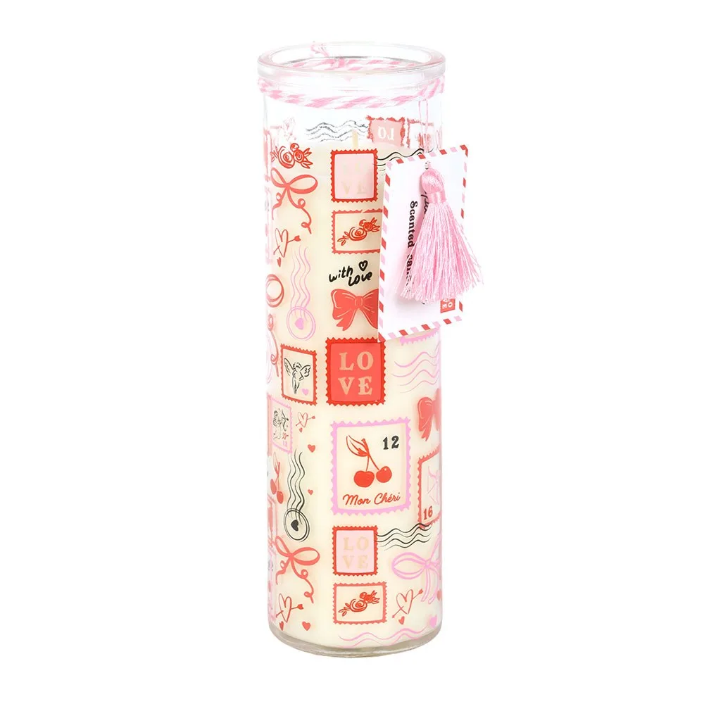 Valentine Postage Stamp Print Sparkling Rose Tube Candle - Image 2