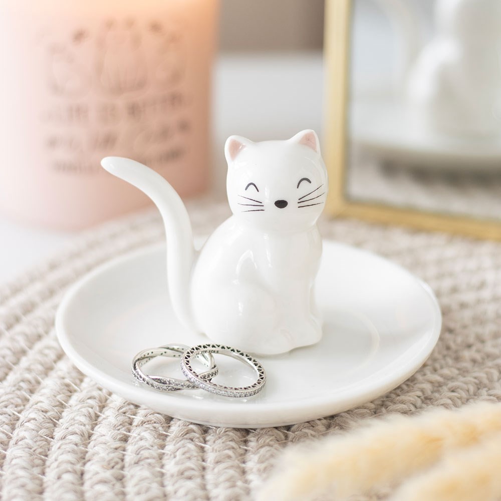 Sitting White Cat Face Trinket Dish