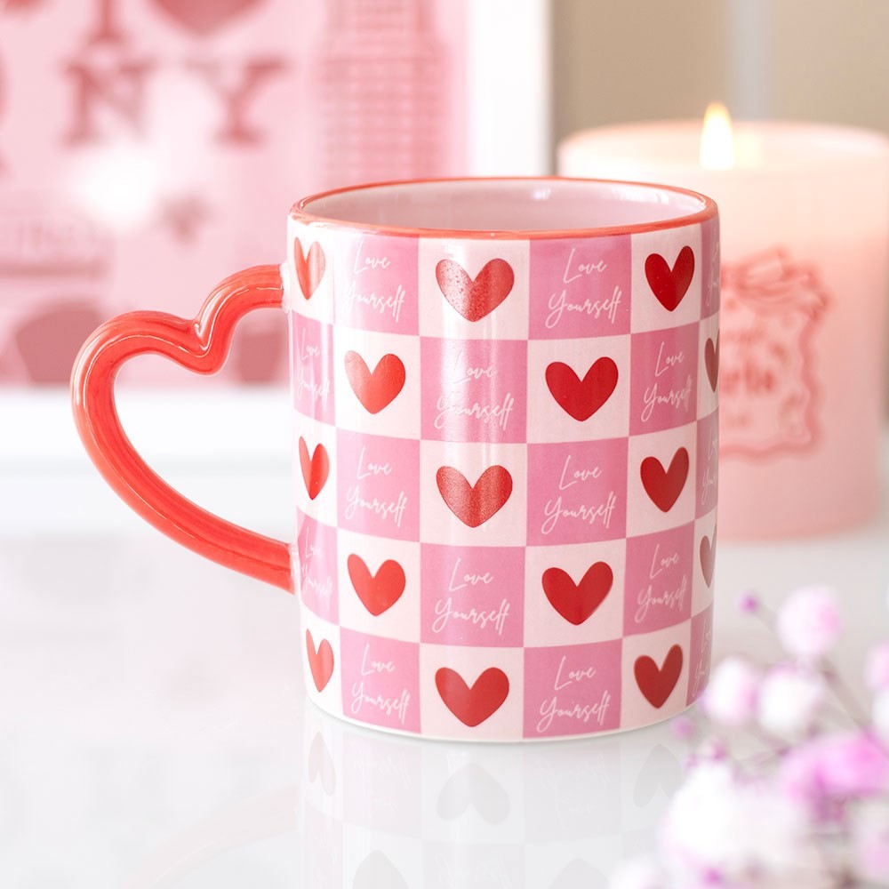 Love Yourself Checkered Mug with Heart Handle Love Yourself Checkered Mug with Heart Handle