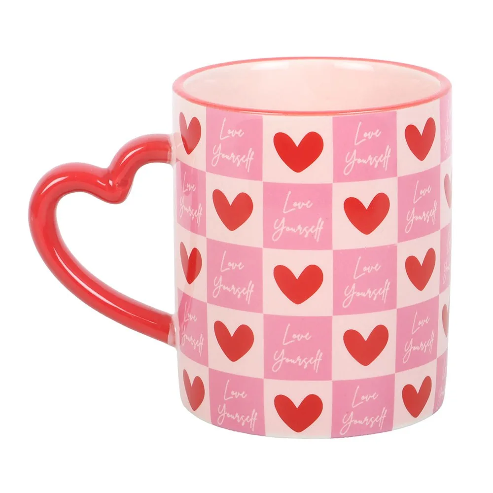 Love Yourself Checkered Mug with Heart Handle - Image 2