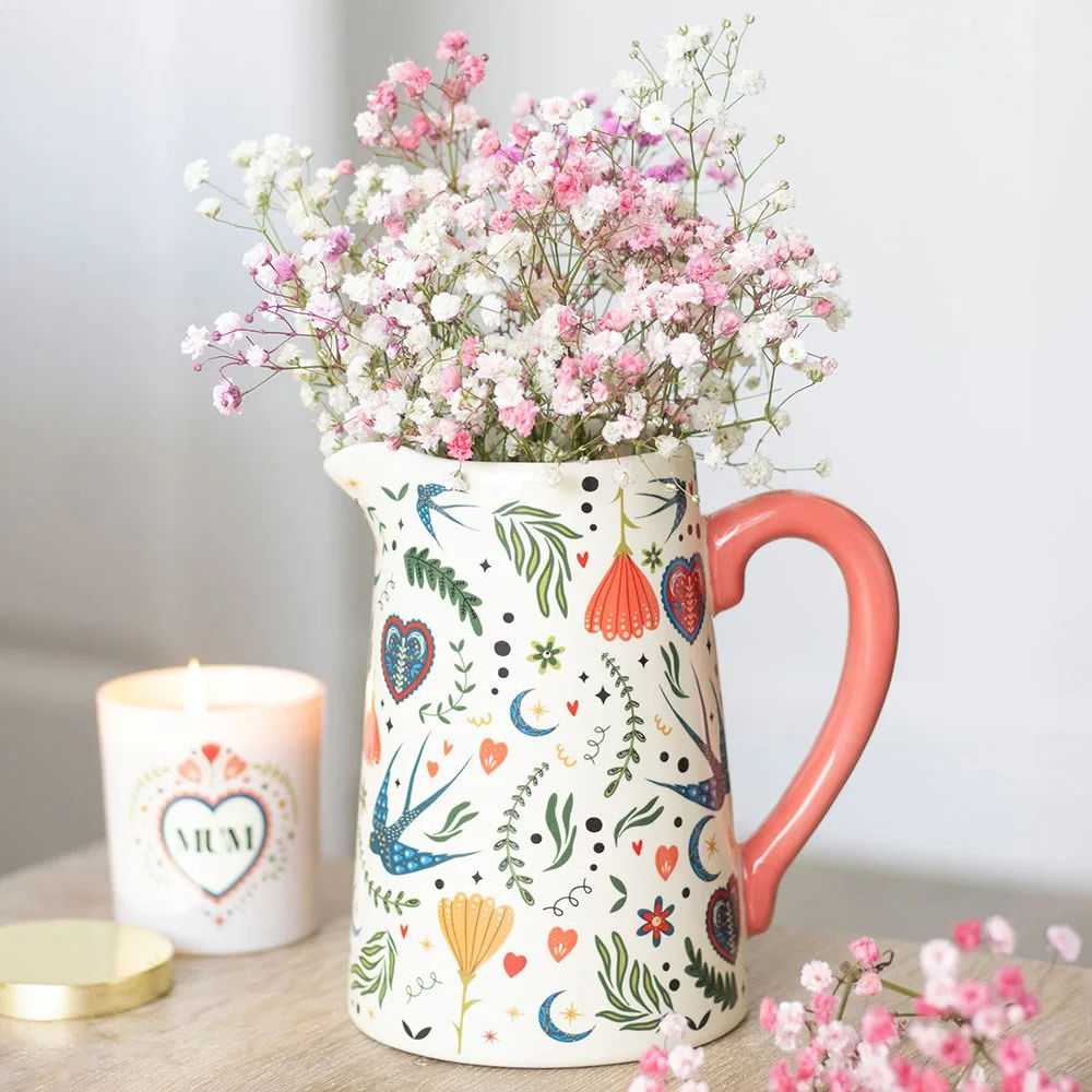 Cream Folk Print Ceramic Flower Jug Cream Folk Print Ceramic Flower Jug