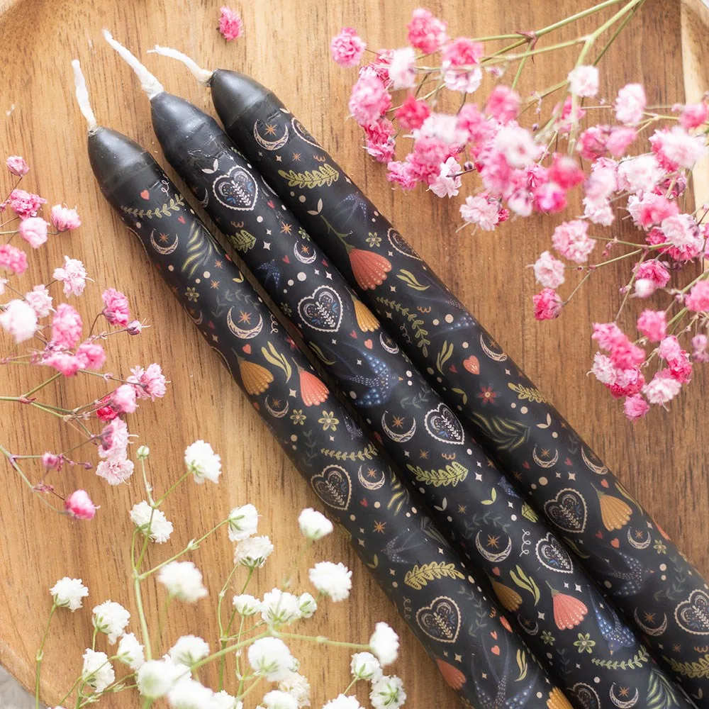 Set of 3 Black Midnight Print Taper Candles Set of 3 Black Midnight Print Taper Candles
