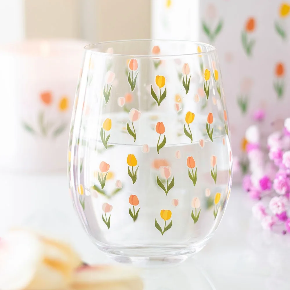 Tulip Print Stemless Glass Tulip Print Stemless Glass