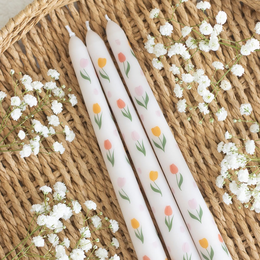 Set of 3 Tulip Print Taper Candles Set of 3 Tulip Print Taper Candles