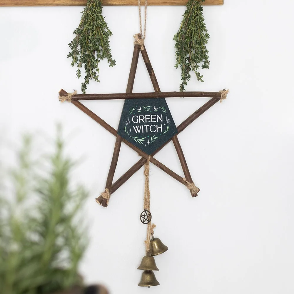 Green Witch Hanging Willow Pentagram with Bells Green Witch Hanging Willow Pentagram with Bells