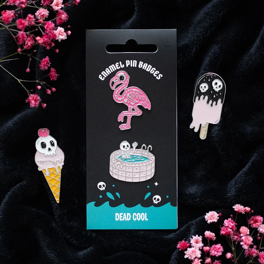 Dead Cool Skeleton and Flamingo Enamel Pin Badges Dead Cool Skeleton and Flamingo Enamel Pin Badges