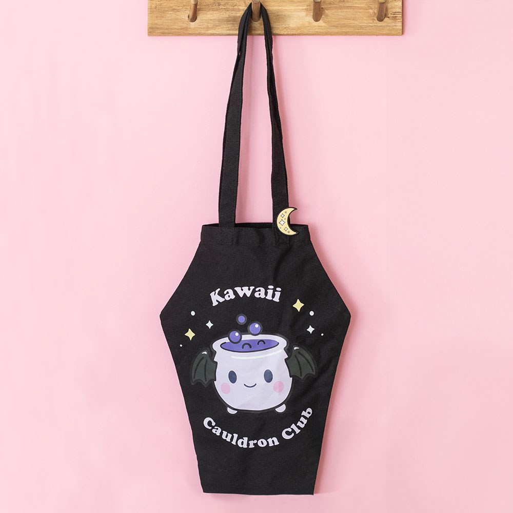 Kawaii Cauldron Club Coffin Shaped Tote Bag with Enamel Pin Badge Kawaii Cauldron Club Coffin Shaped Tote Bag with Enamel Pin Badge