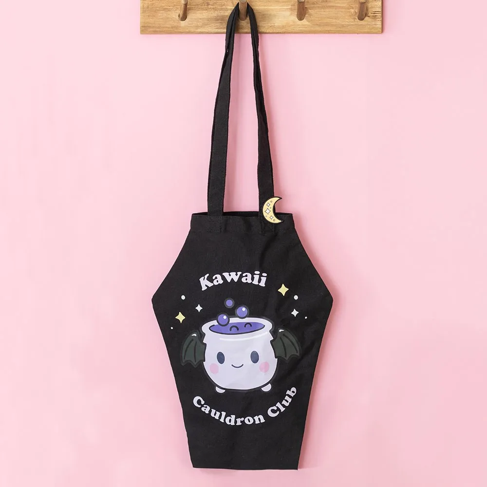 Kawaii Cauldron Club Coffin Shaped Tote Bag with Enamel Pin Badge Kawaii Cauldron Club Coffin Shaped Tote Bag with Enamel Pin Badge