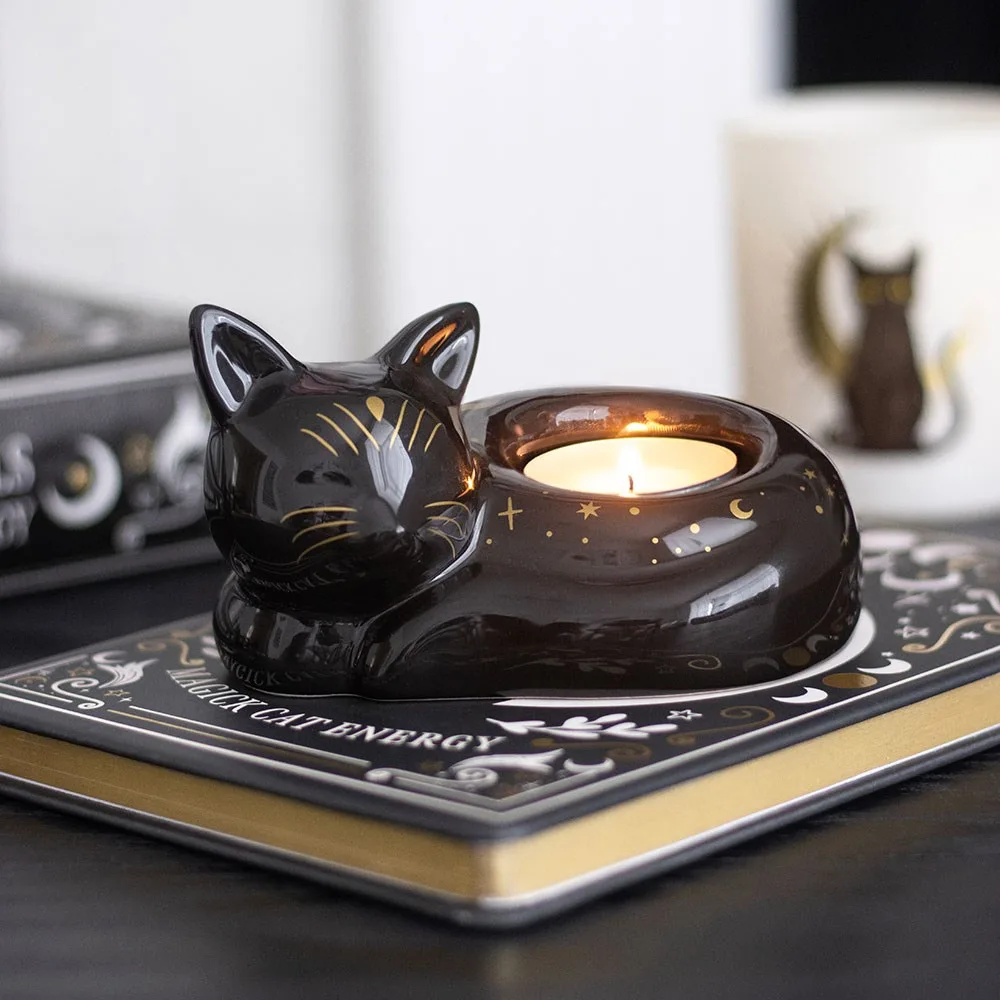 Black Cat Magick Curled Cat Tealight Holder Black Cat Magick Curled Cat Tealight Holder