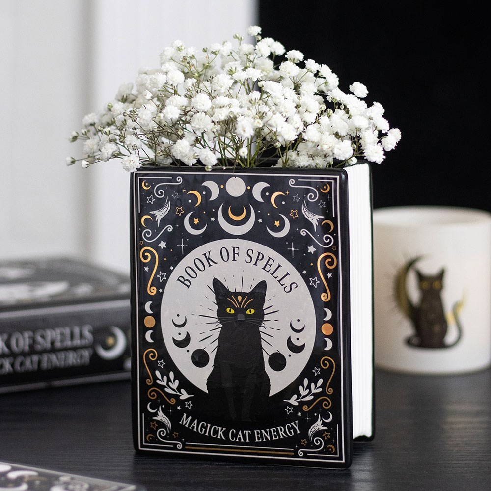 Black Cat Magick Book Shaped Flower Vase Black Cat Magick Book Shaped Flower Vase