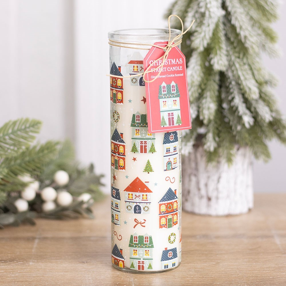 Christmas Street Print Gingerbread Cookie Tube Candle Christmas Street Print Gingerbread Cookie Tube Candle