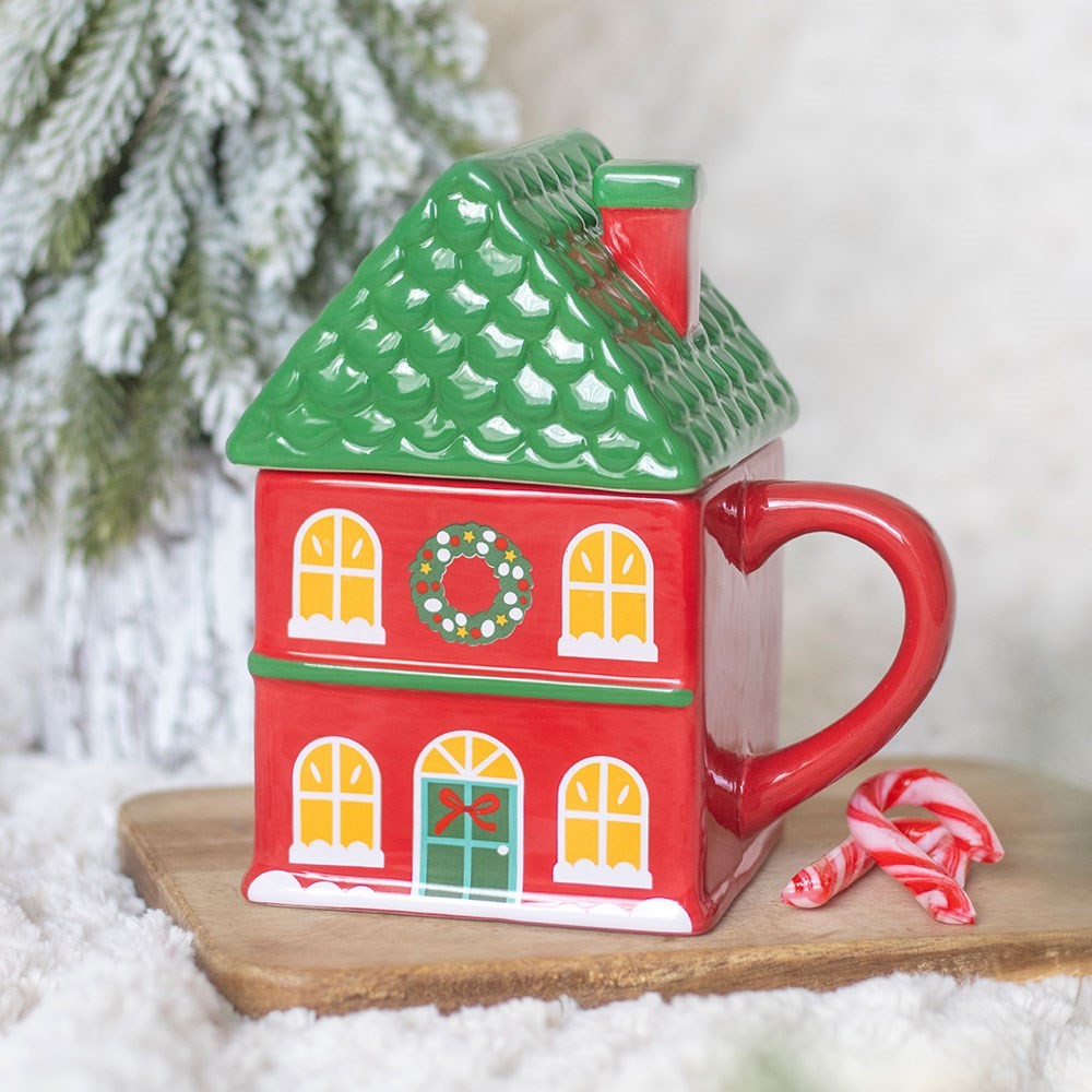 Red Christmas House Lidded Mug Red Christmas House Lidded Mug