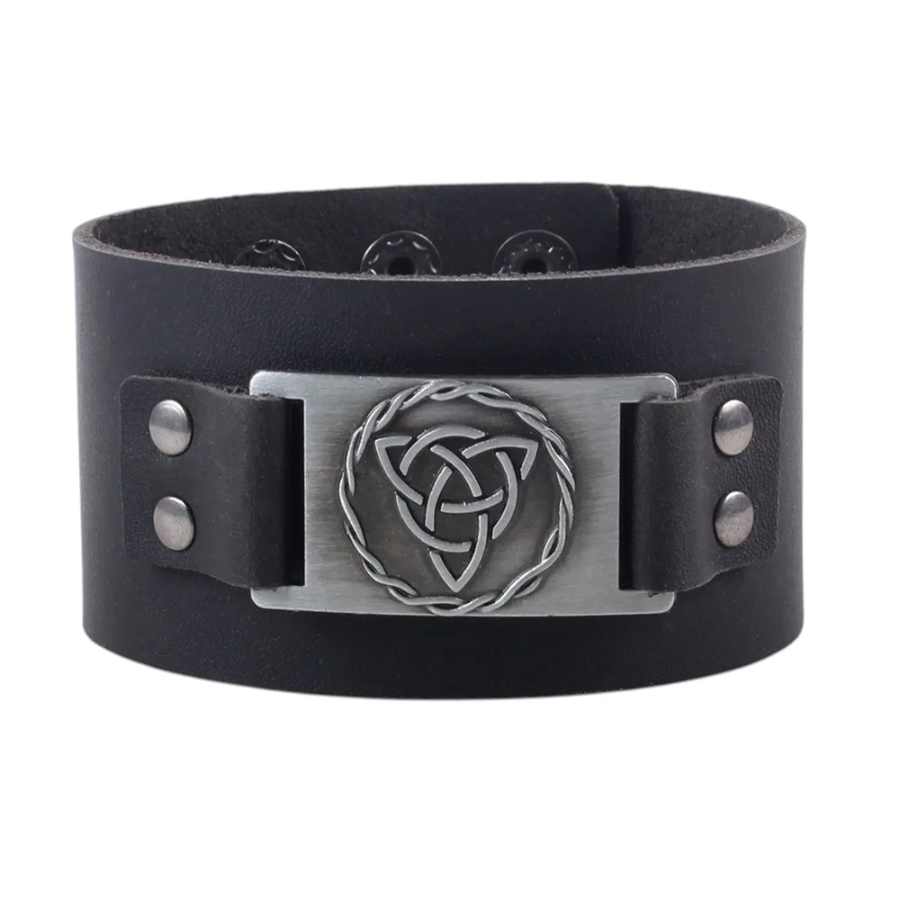 Black Celtic Triquetra Knot Leather Cuff Bracelet - Image 2
