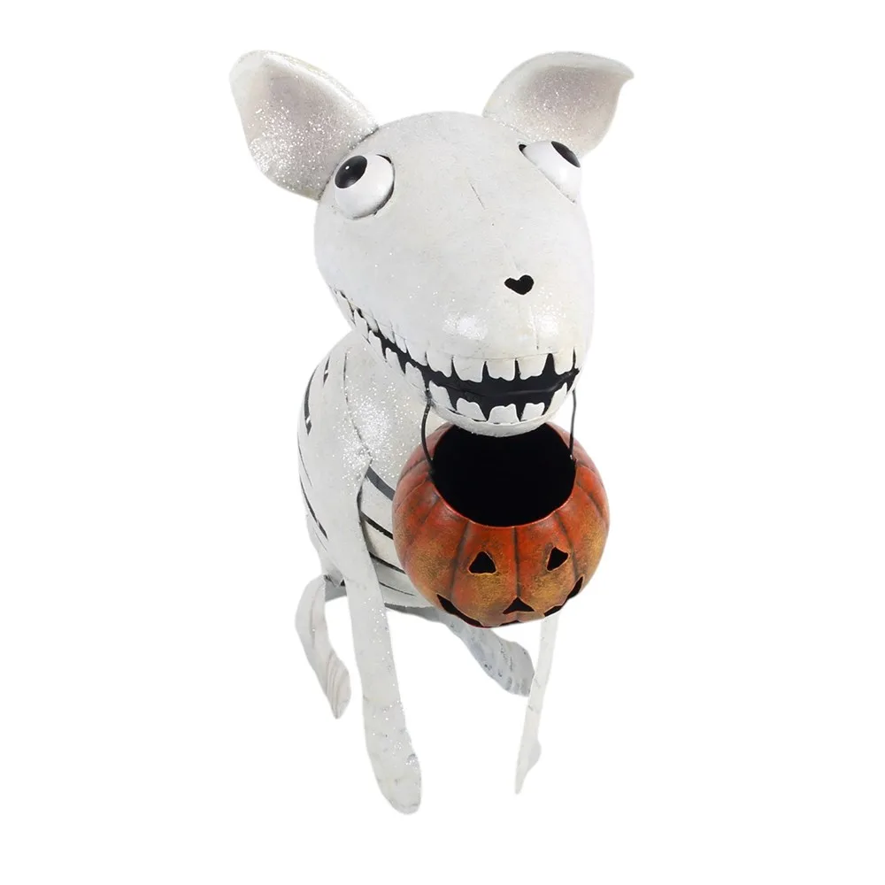 Metal Skeleton Dog Ornament with Pumpkin - Image 2