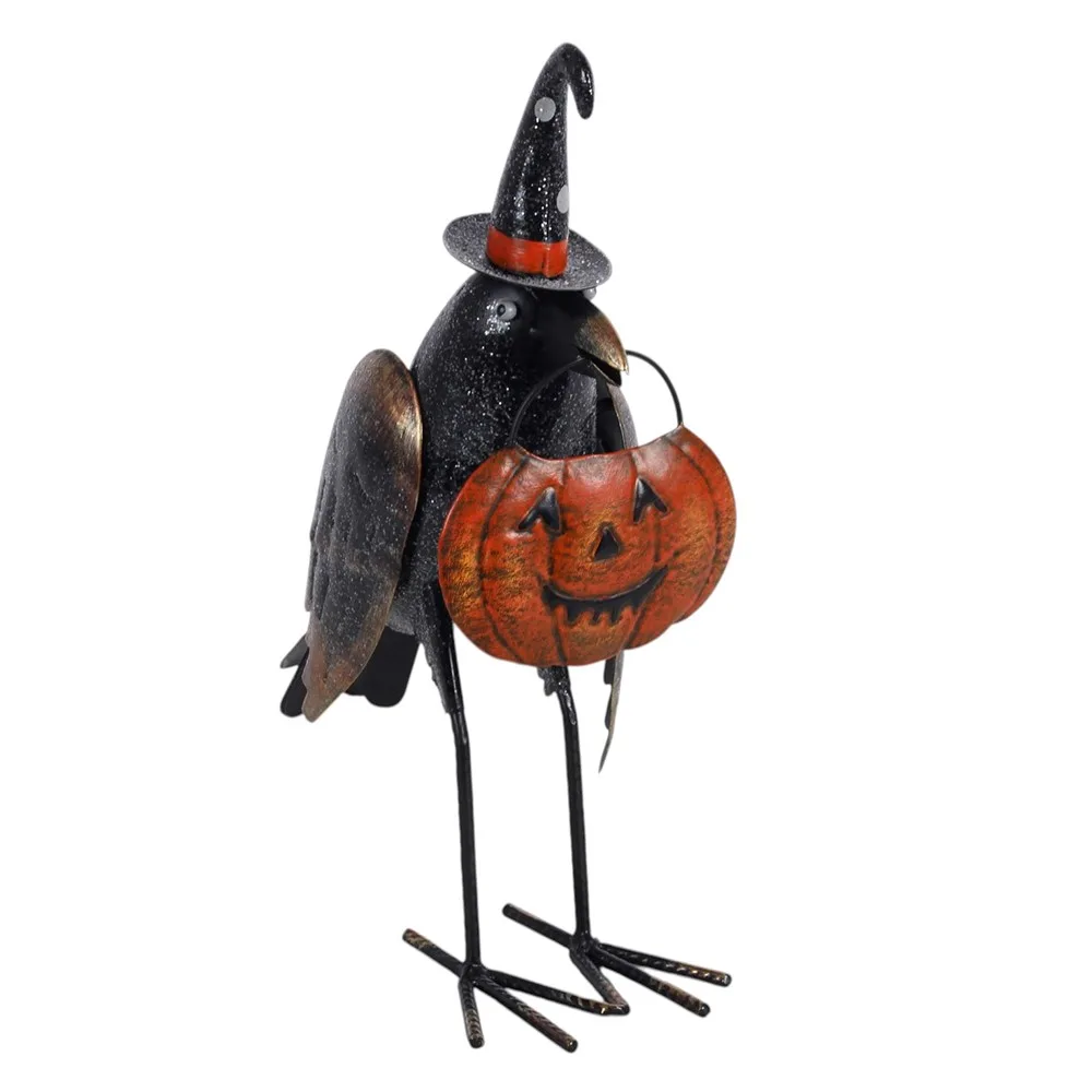 Metal Glitter Raven Ornament with Pumpkin - Image 2
