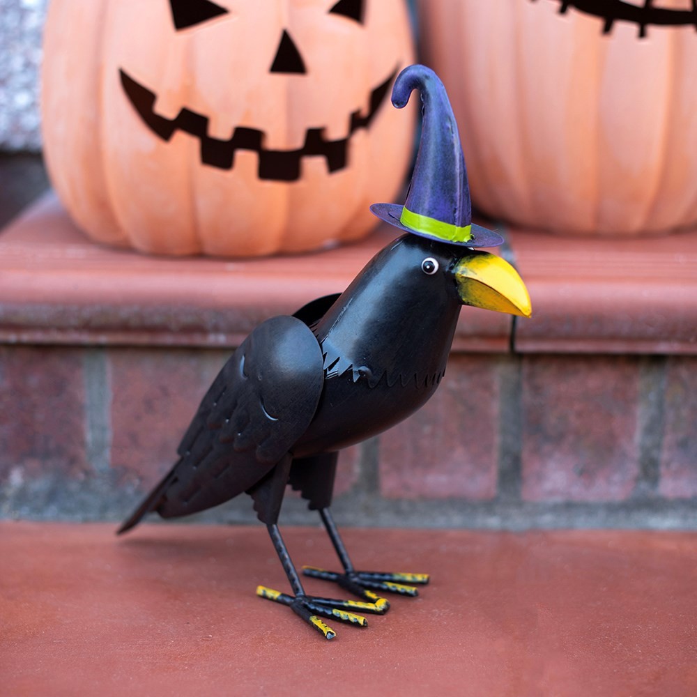 Metal Raven Ornament with Witch Hat Metal Raven Ornament with Witch Hat