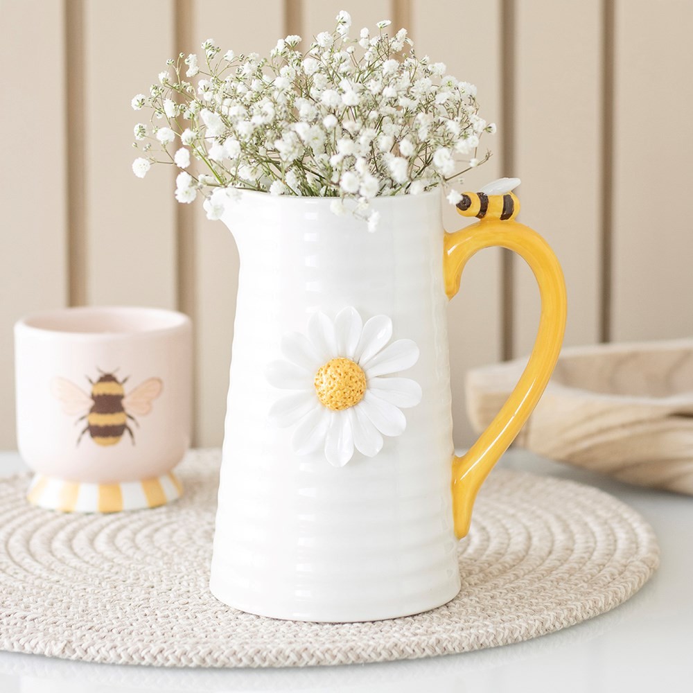 3D Daisy and Honey Bee Ceramic Flower Jug