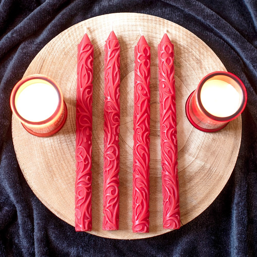 Set of 3 Red Debossed Taper Candles Set of 3 Red Debossed Taper Candles
